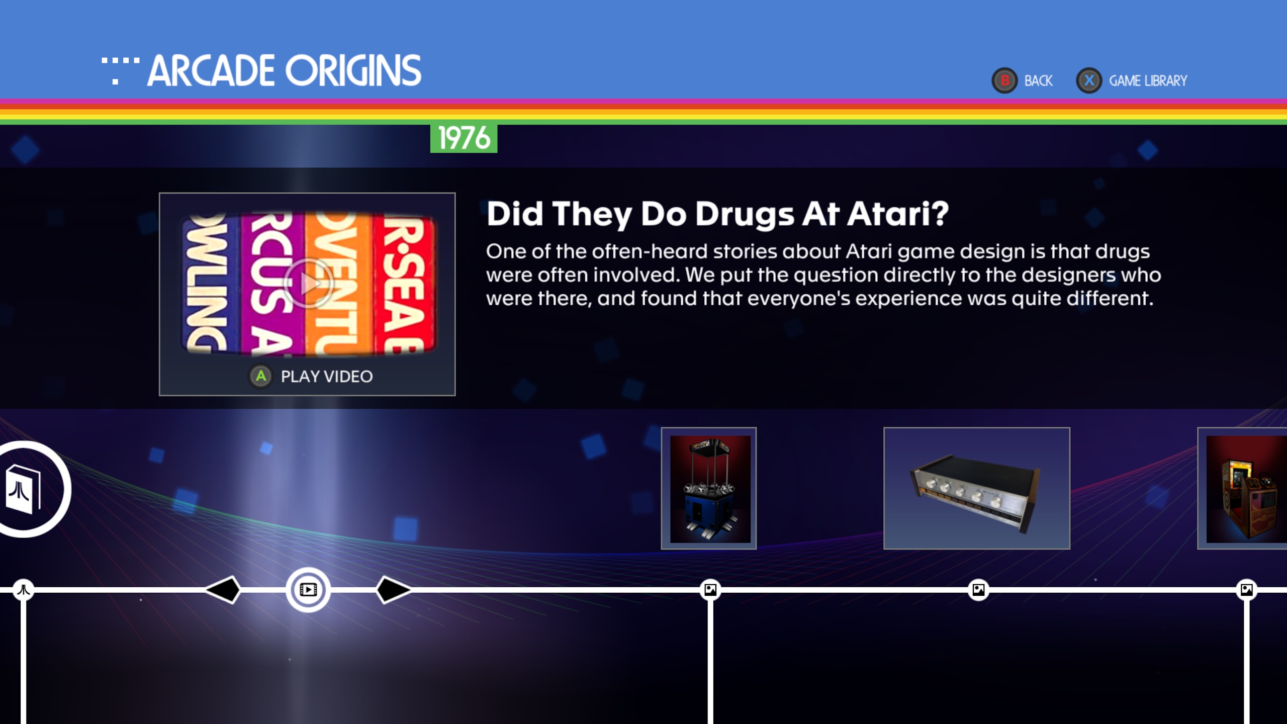 Screenshot from a menu entry on drug use in the Atari offices in Atari 50: The Anniversary Celebration