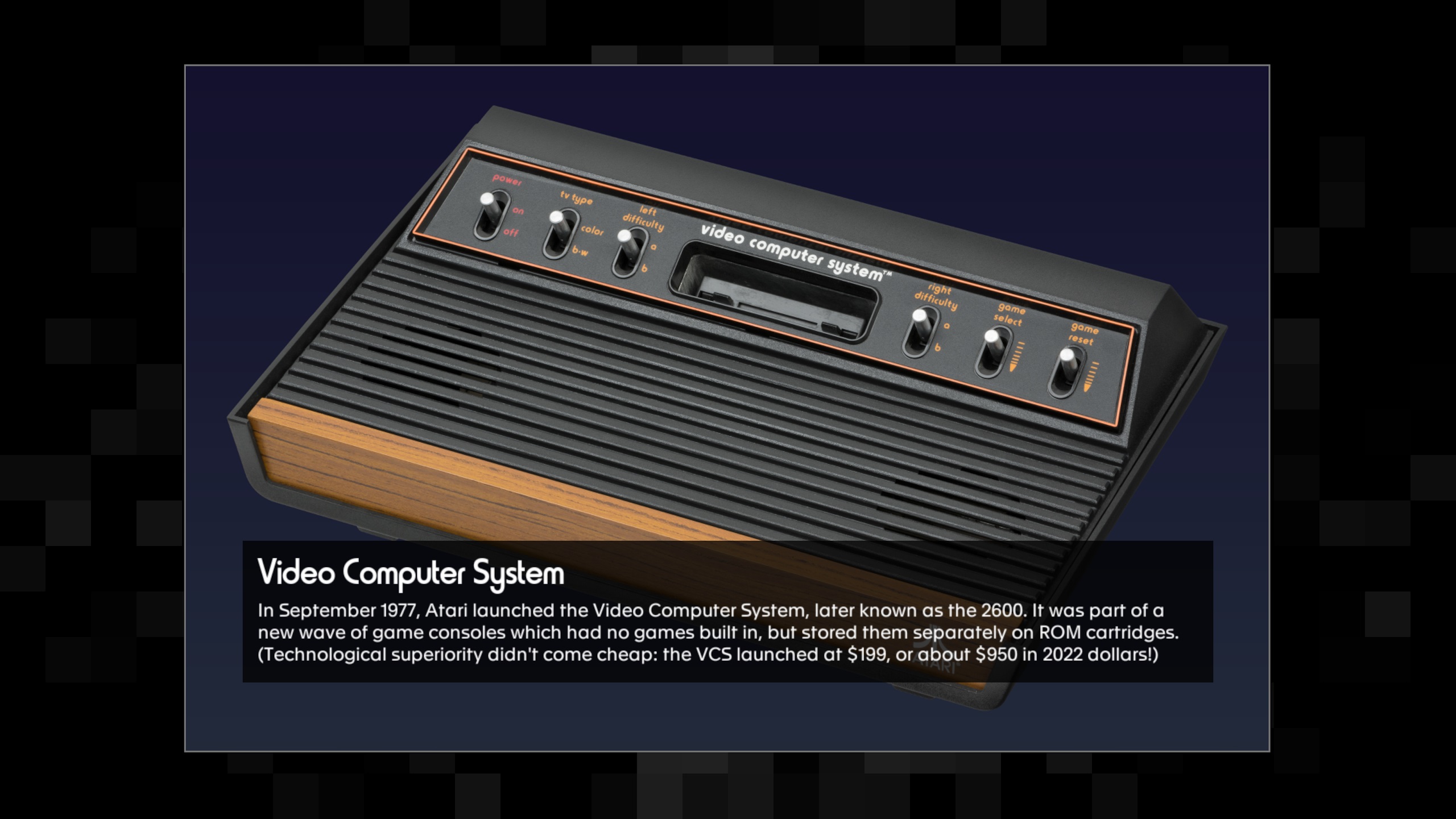 Screenshot of a menu entry in Atari 50: The Anniversary Celebration, showing the Atari VCS console