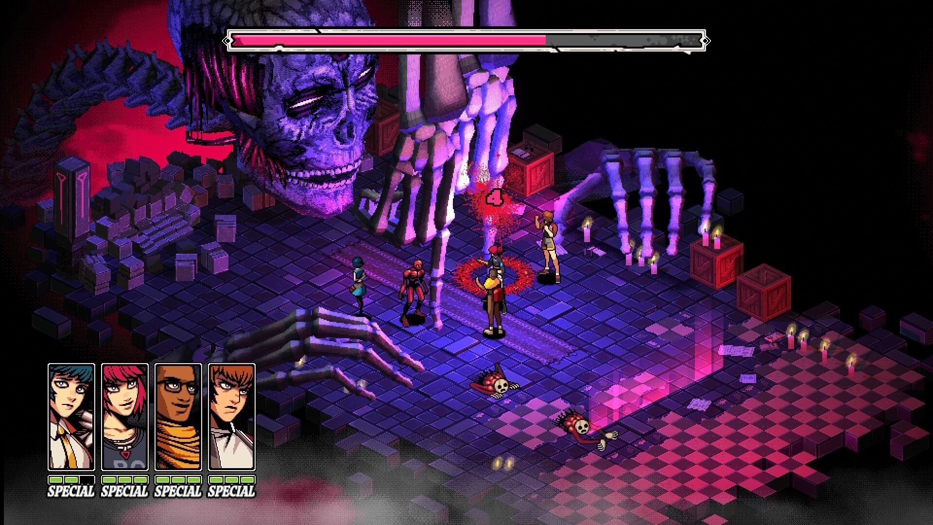 Boss battle facing a giant skull in Demonschool.