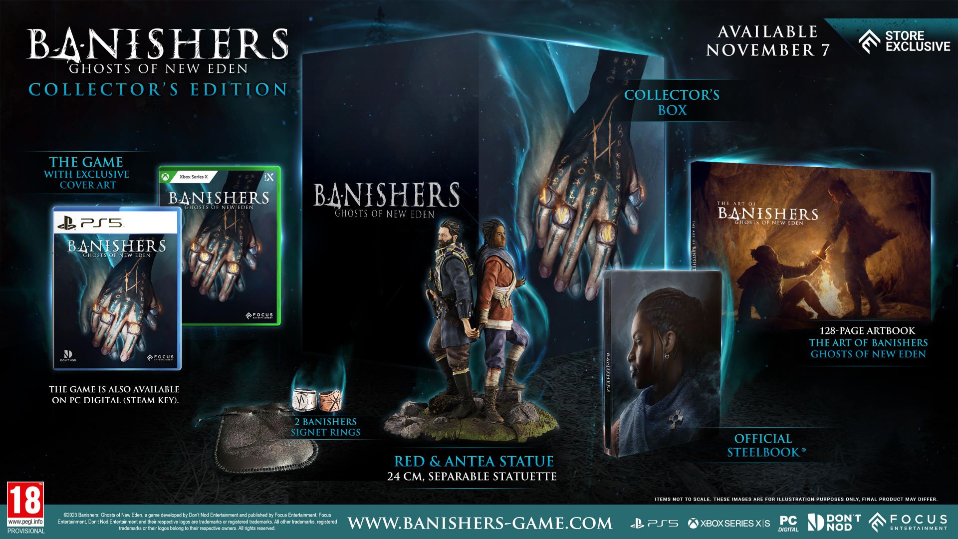 Banishers: Ghosts of New Eden Collector's Edition including a separable statuette of Red and Antea, the game’s official artbook, a Steelbook®, two Banishers signet rings, and the game on the platform of your choice (physical copies for consoles, digital copy for PC) with the Wanderer Set in-game DLC.