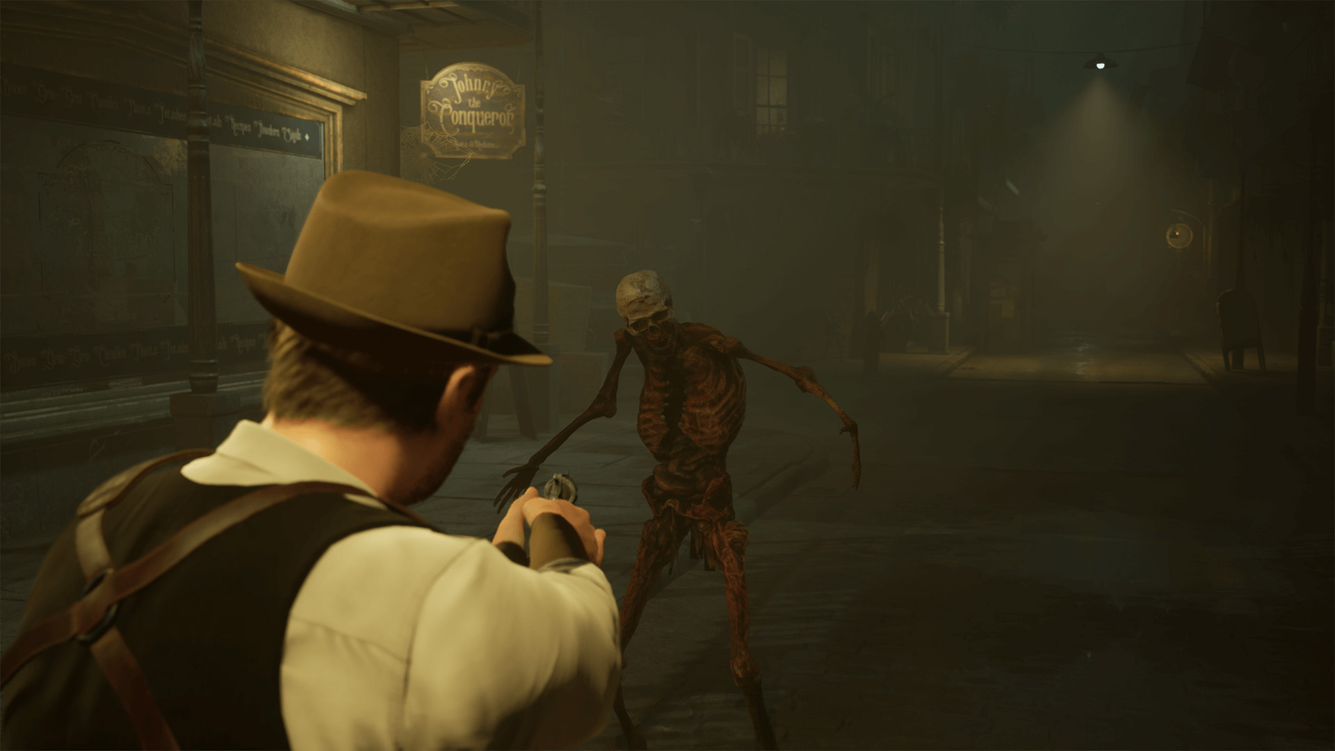 Alone in the Dark (2024) - Edward Carnby aiming a pistol at a skeletal figure. Over the shoulder perspective.