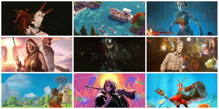 9 Indie Games - From Left to Right: Saviorless, Moonglow Bay, Beat Slater, Broken Roads, Raution, Harold Halibut, Europa, Children of the Sun, Another Crab's Treasure