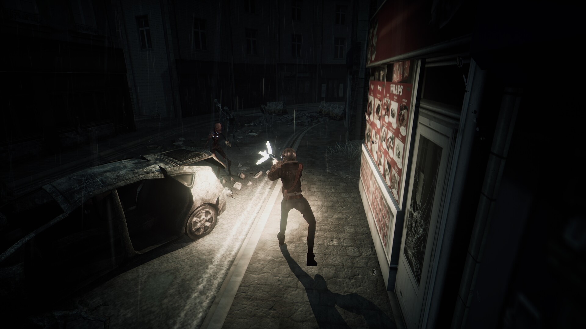 Screenshot of Hollowbody. Mica is firing her revolver at a monster in the rainy streets of England.